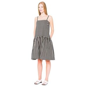 Obakki Dress Women Small Black Tan Striped Dropped Waistline Pleated Mini Luxury